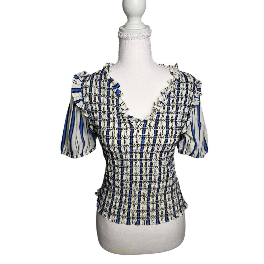 Topshop Women's Blue Black Cream Striped Smocked Puff Sleeve Blouse